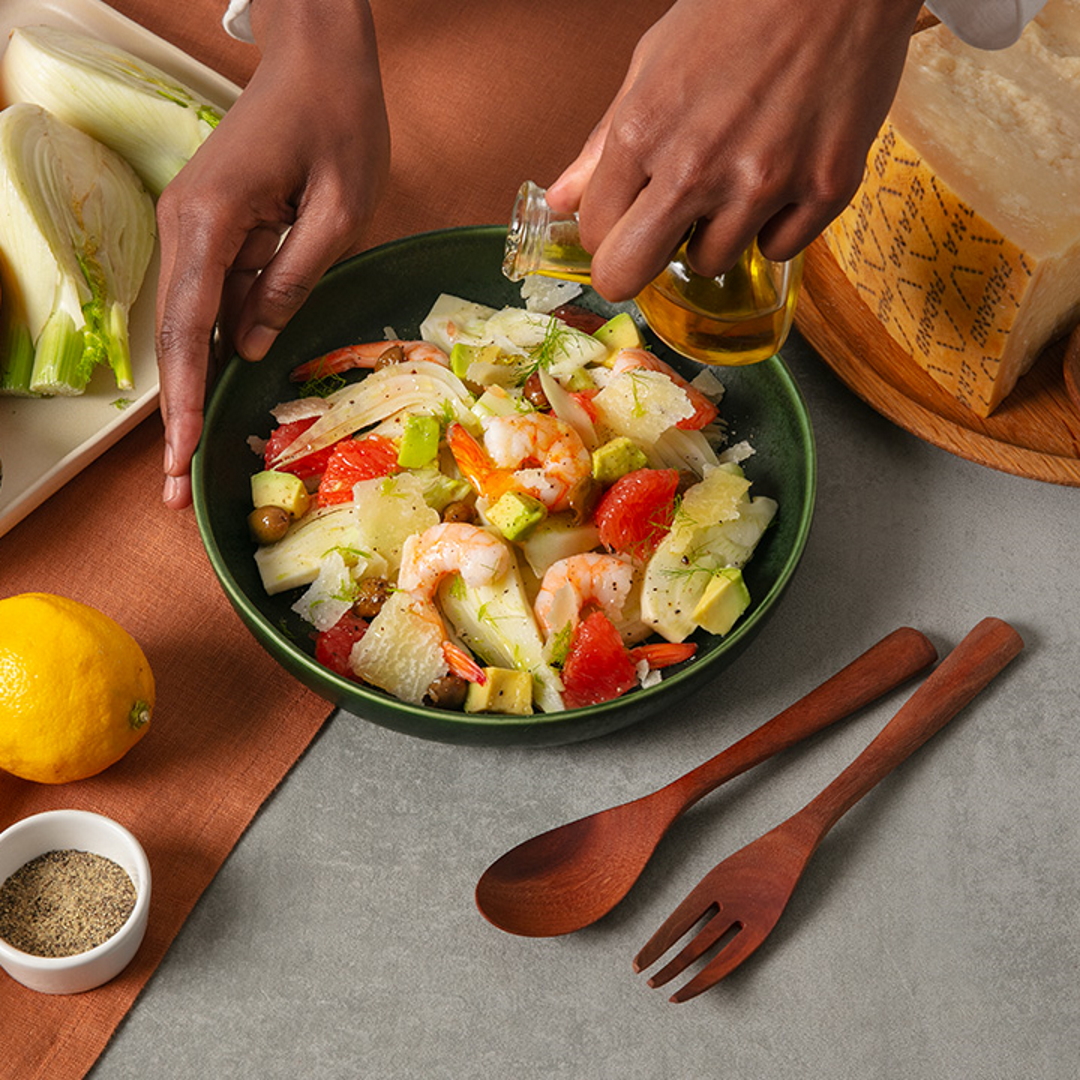 Fennel and Grapefruit Salad with Prawns, Avocado, Olives and Grana Padano Shavings.