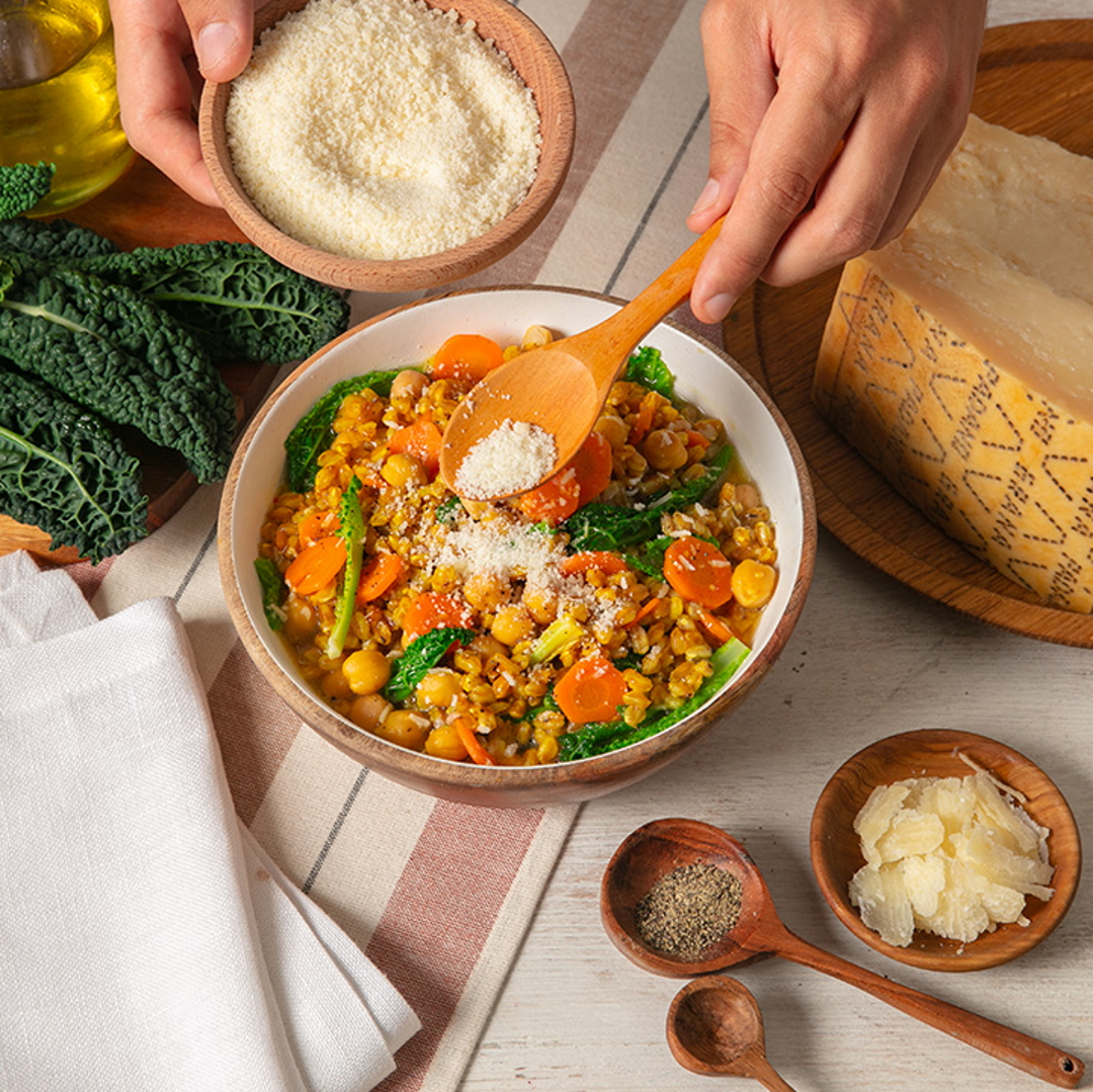 Spelt and Pulse Soup with Saffron, Tuscan Kale, Carrots, and Grana Padano