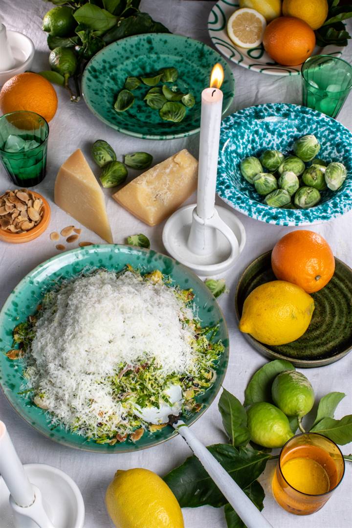 Brussel Sprout citrus raisin salad with Grana Padano snow