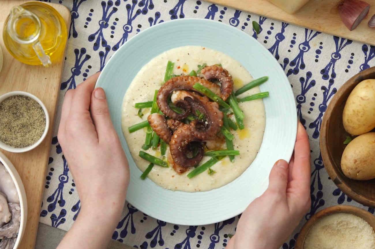 Oktopus auf Kartoffelcreme mit Grana Padano, Zweite Gänge, Rezepte mit Käse