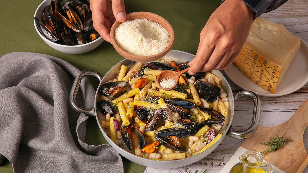 Beans and Mussels Pasta Soup with Grana Padano and Rosemary