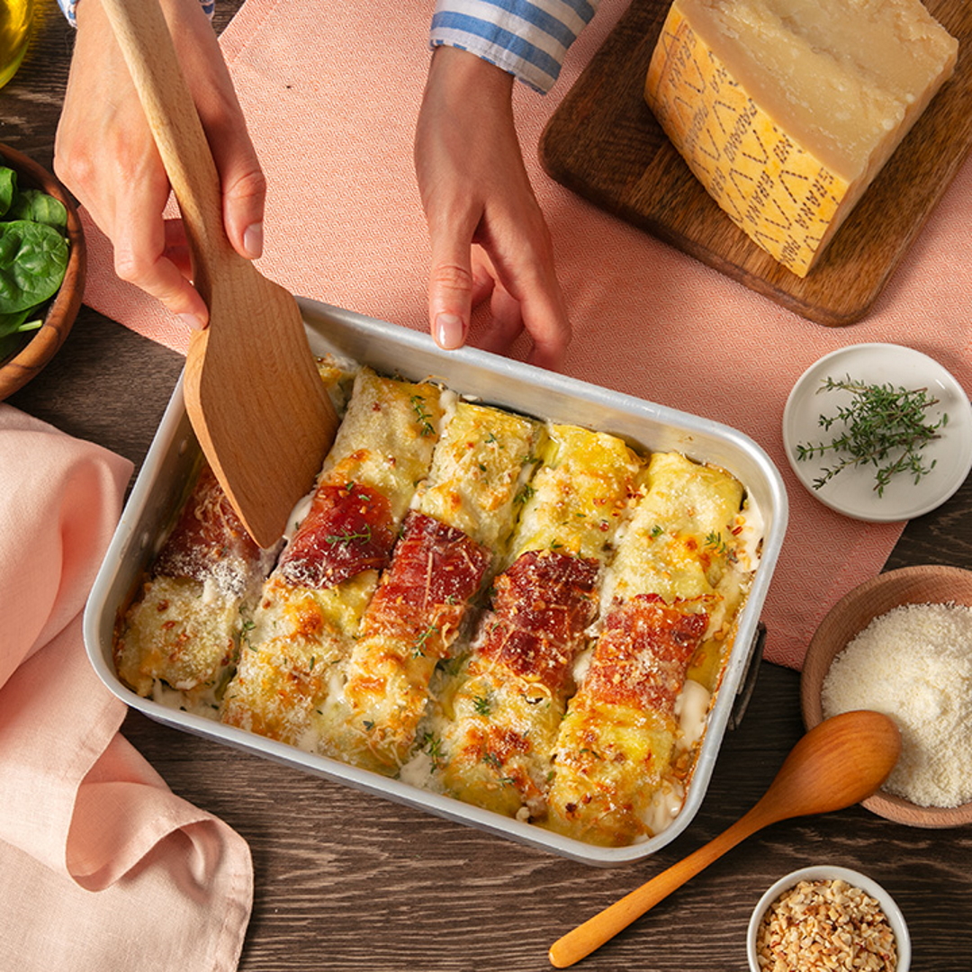 Cannelloni Stuffed with Spinach, Nuts, Speck, and Grana Padano