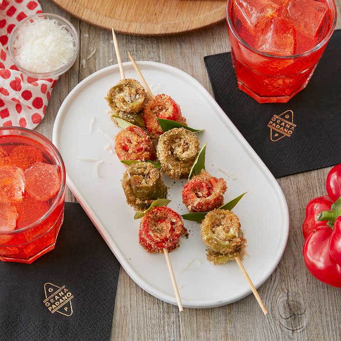 Americano with Skewers of Peppers Filled with Grana Padano Riserva