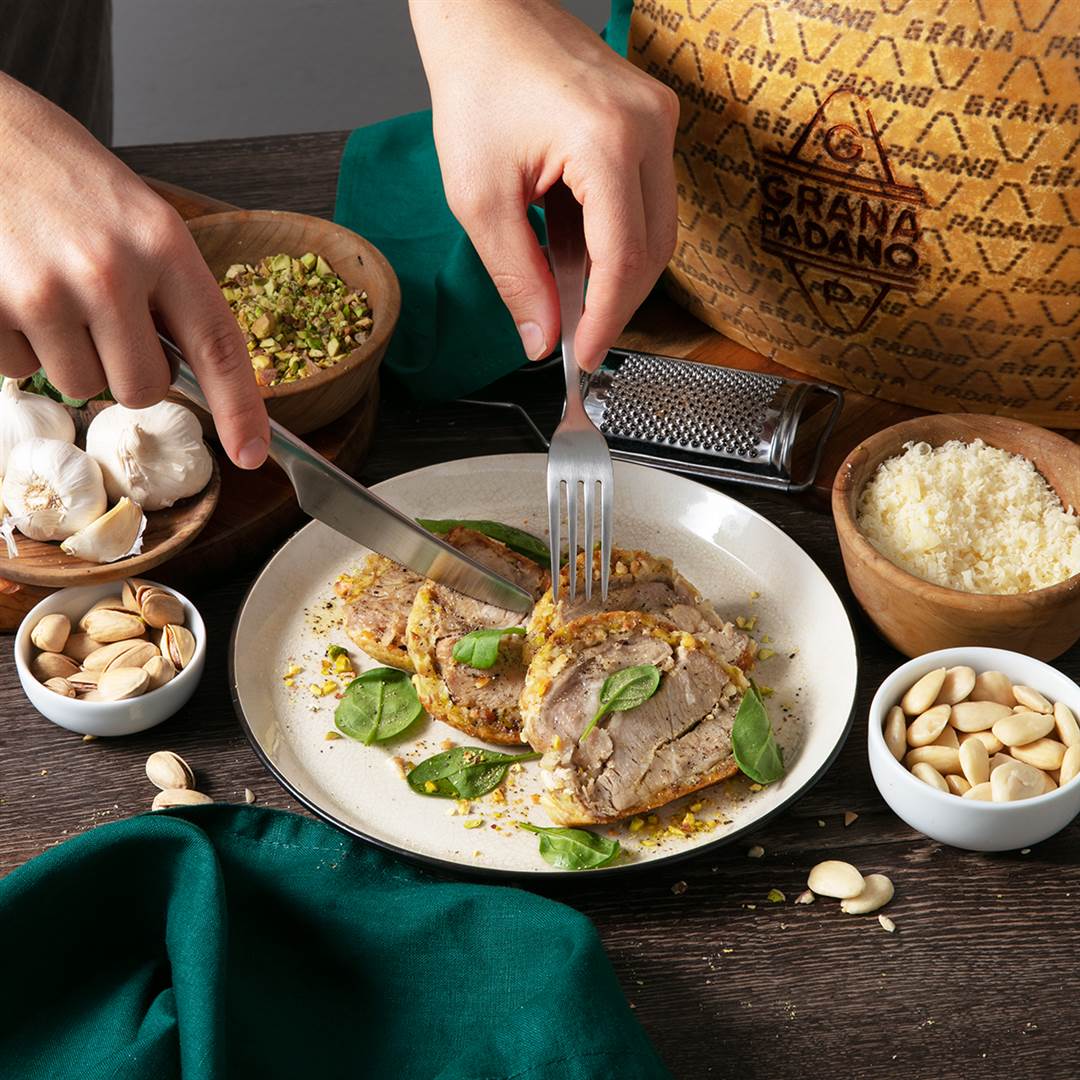 Grana Padano and nut crusted roast turkey breast