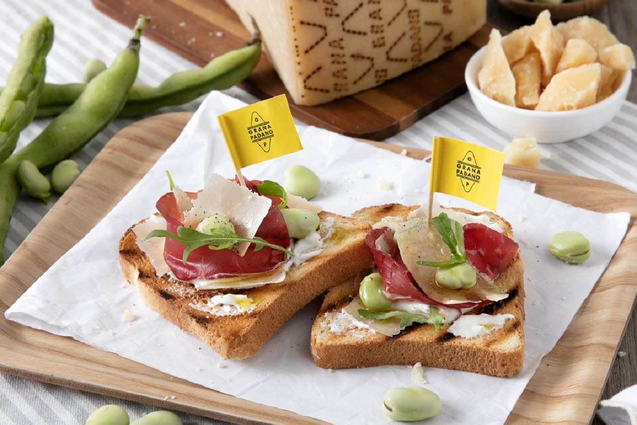 Bruschetta with bresaola, ricotta, fava beans, rocket and Grana Padano Riserva