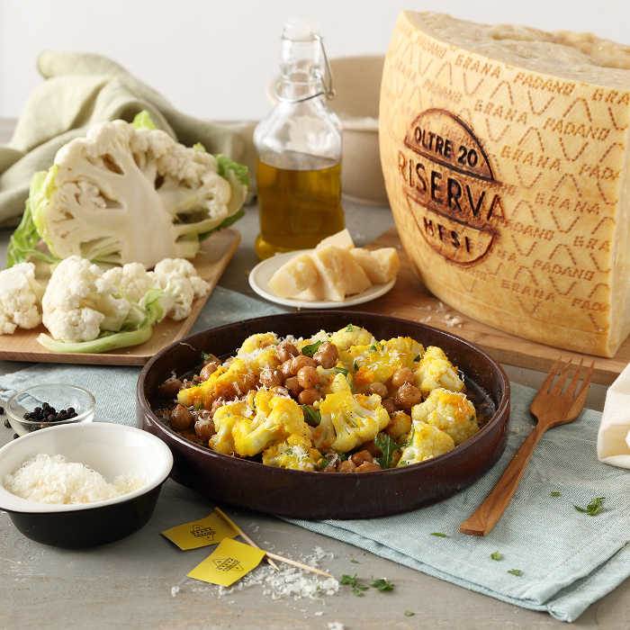 Cauliflower sautéed with turmeric, chick peas and Grana Padano Riserva 