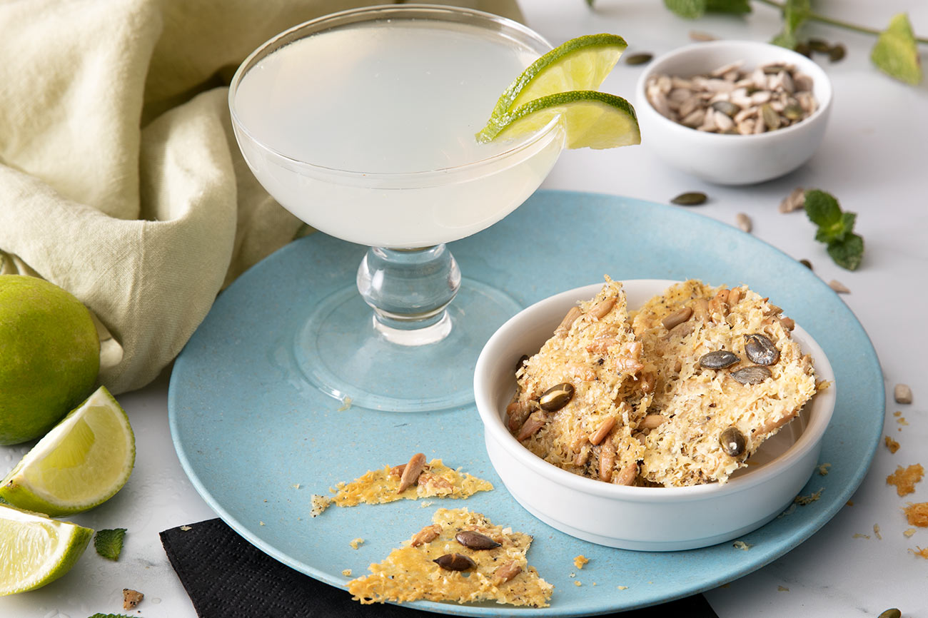 Gimlet and Crispy Grana Padano Riserva Wafers with Seeds and Herbs