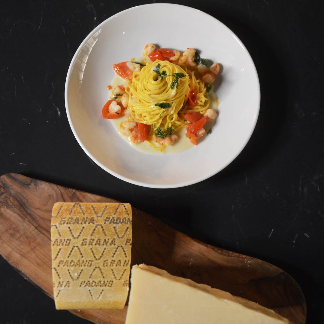 Linguine de gambón alla diávola y Grana Padano Riserva