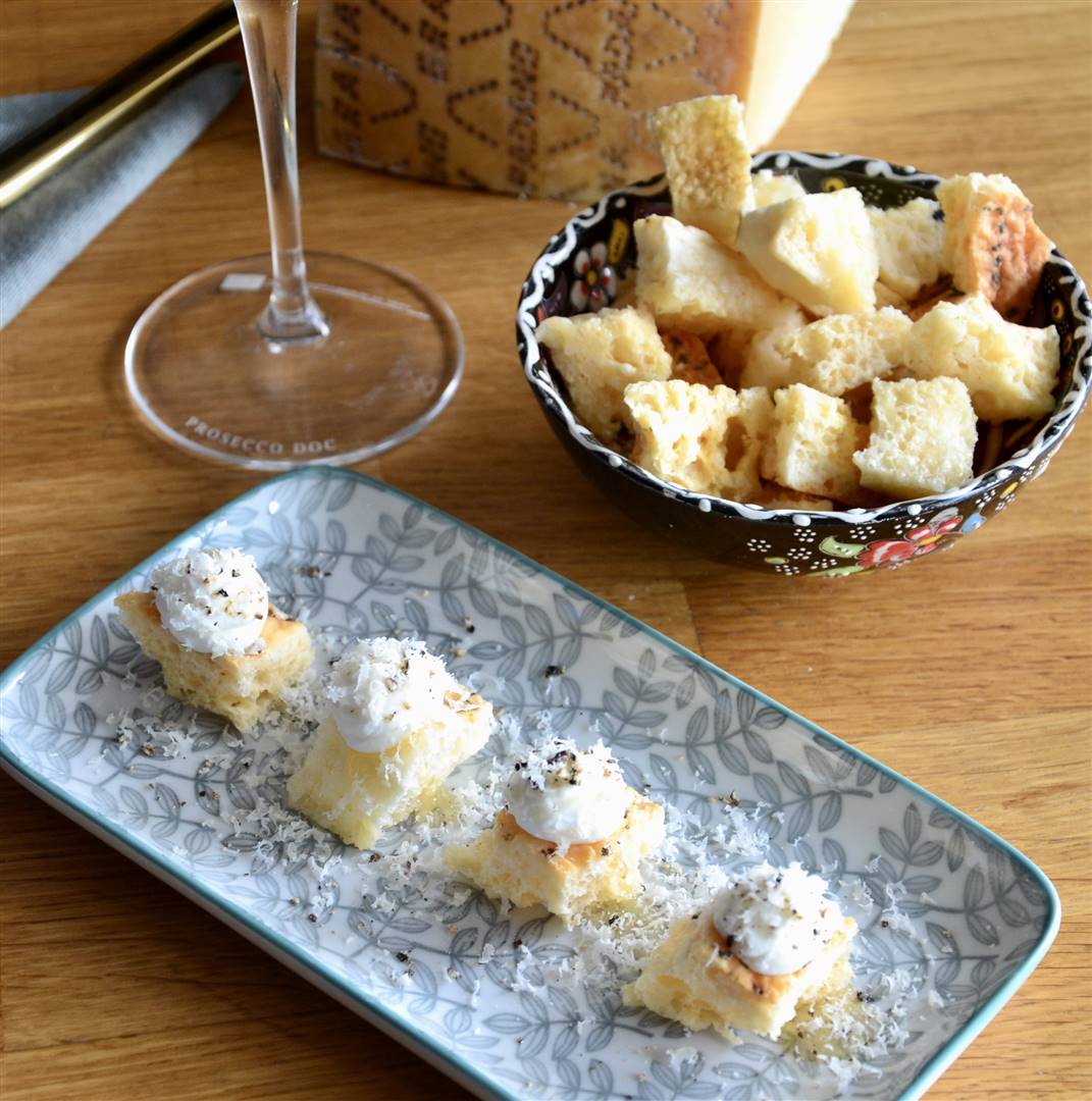 Grana Padano Puffed rind bites with ricotta and honey