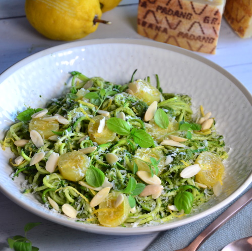 Courgette spaghetti with Grana Padano and basil pesto