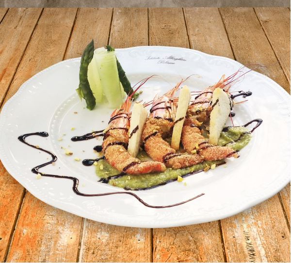 Gambero imperiale in crosta con crema d’asparagi