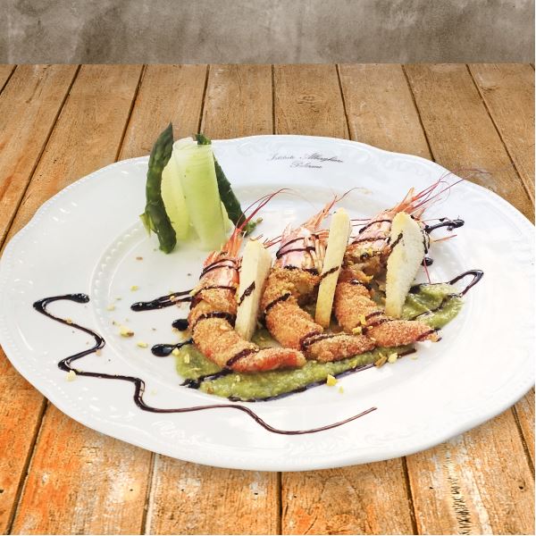 Gambero imperiale in crosta con crema d’asparagi