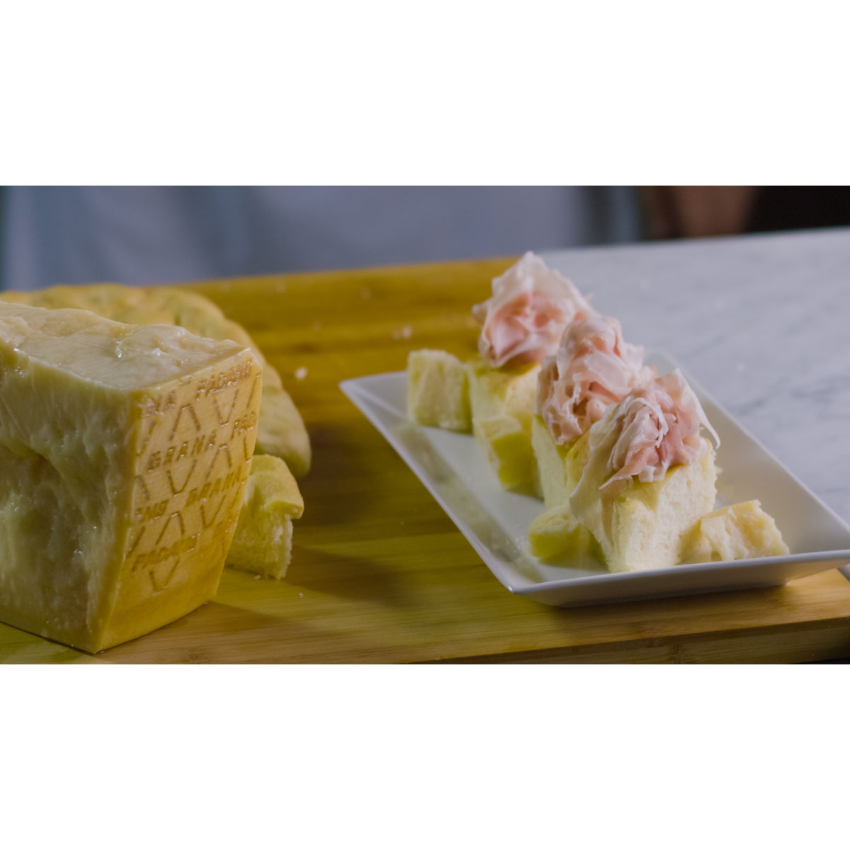 White focaccia and Grana Padano chunks