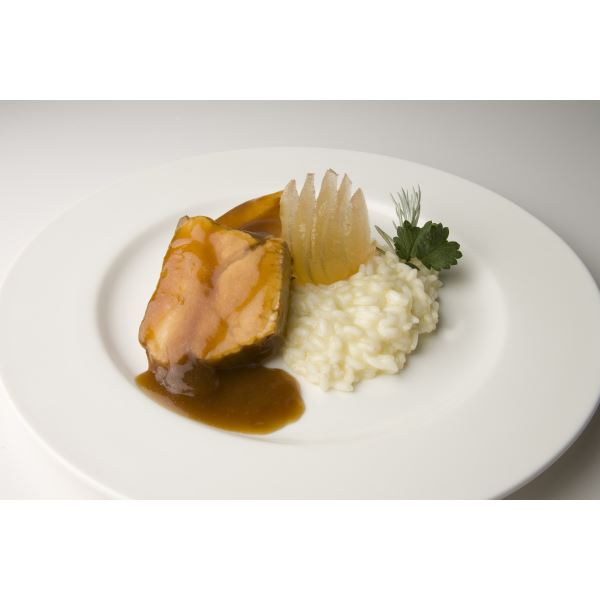 Prosciutto fresco brasato con Mostarda di Cremona e risotto ai formaggi