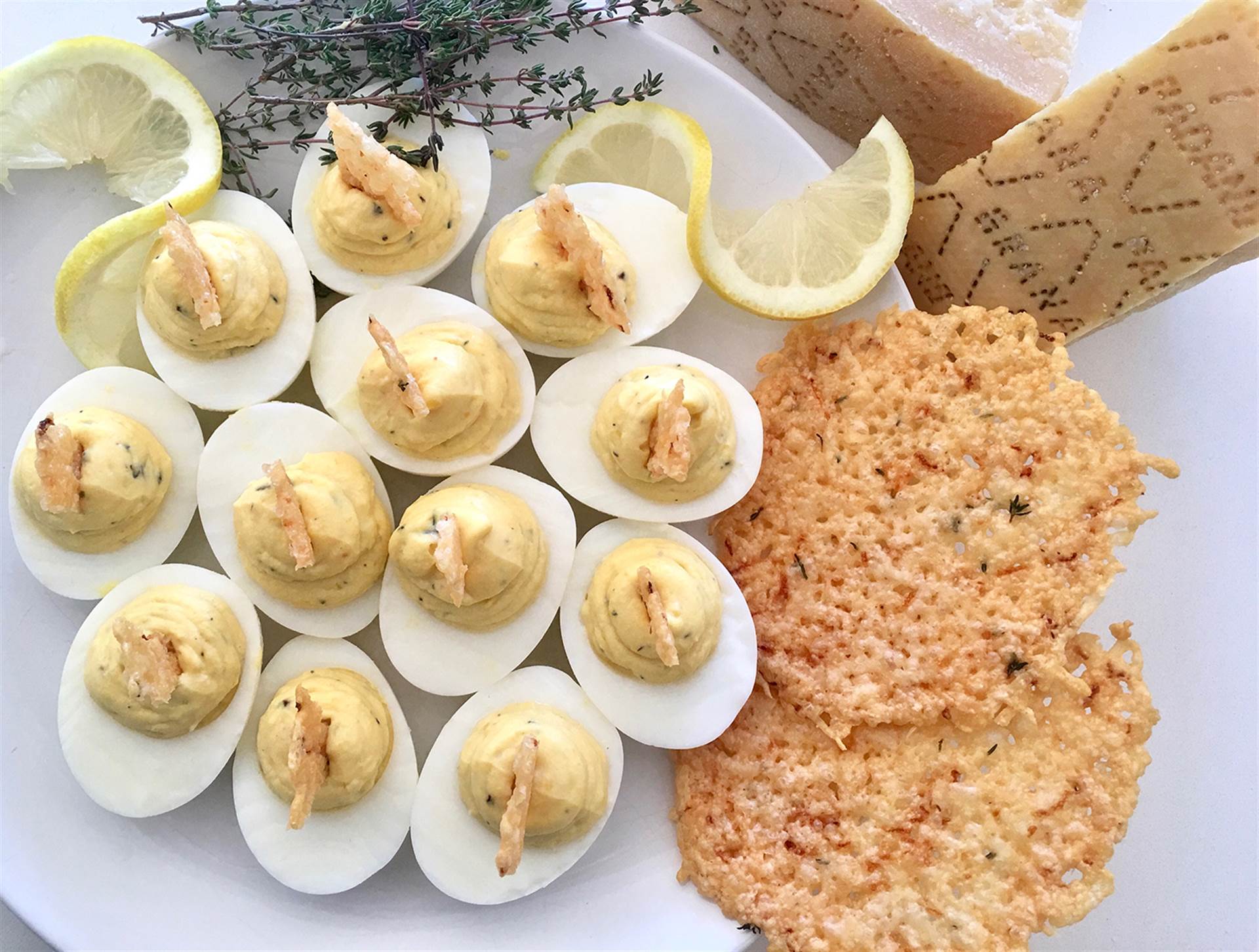 Lemon Thyme Deviled Eggs with Grana Padano Frico