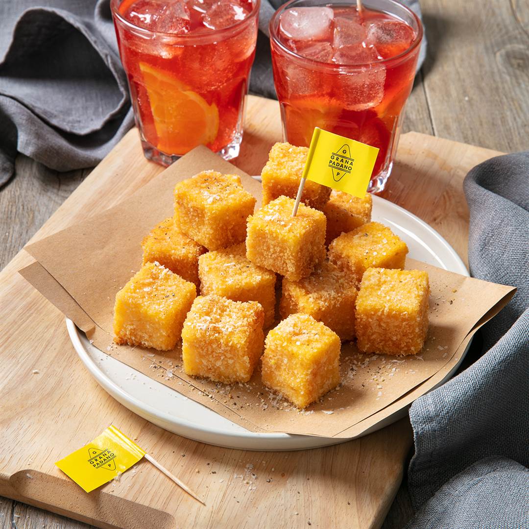 Fried Polenta Cubes with Grana Padano & Cheat’s Negroni