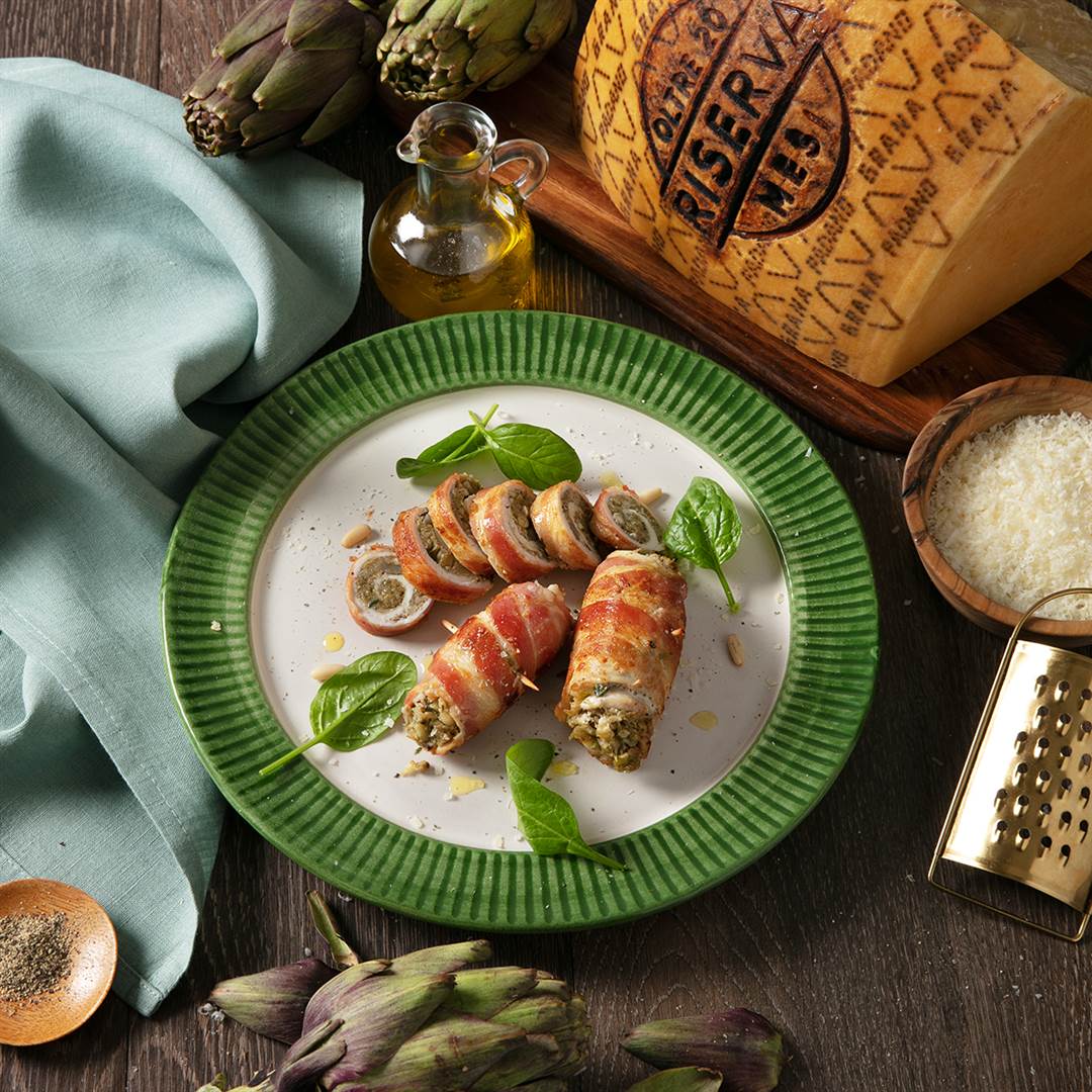 Chicken Rolls with Artichokes, Bacon, Pine Nuts and Grana Padano Riserva