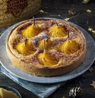 Spiced pears and Grana Padano frangipane tart