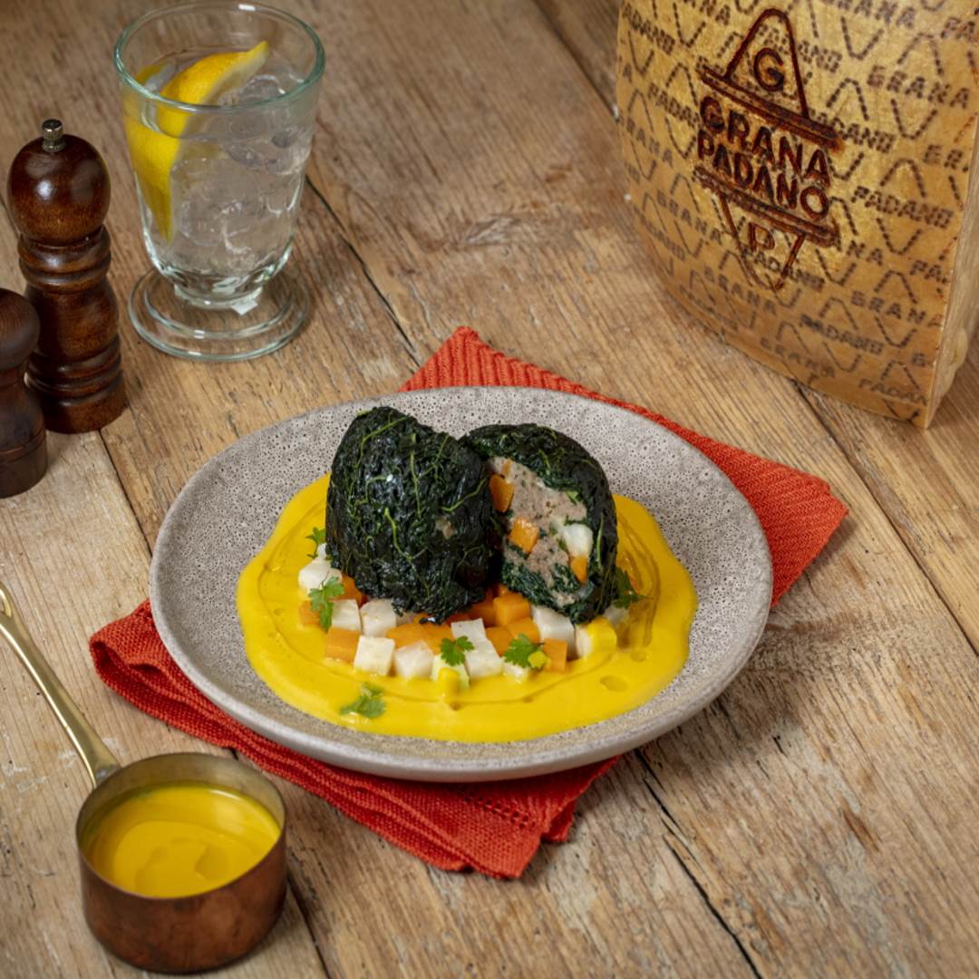 Beef, pumpkin, celeriac, Grana Padano Riserva and cavolo nero timballo