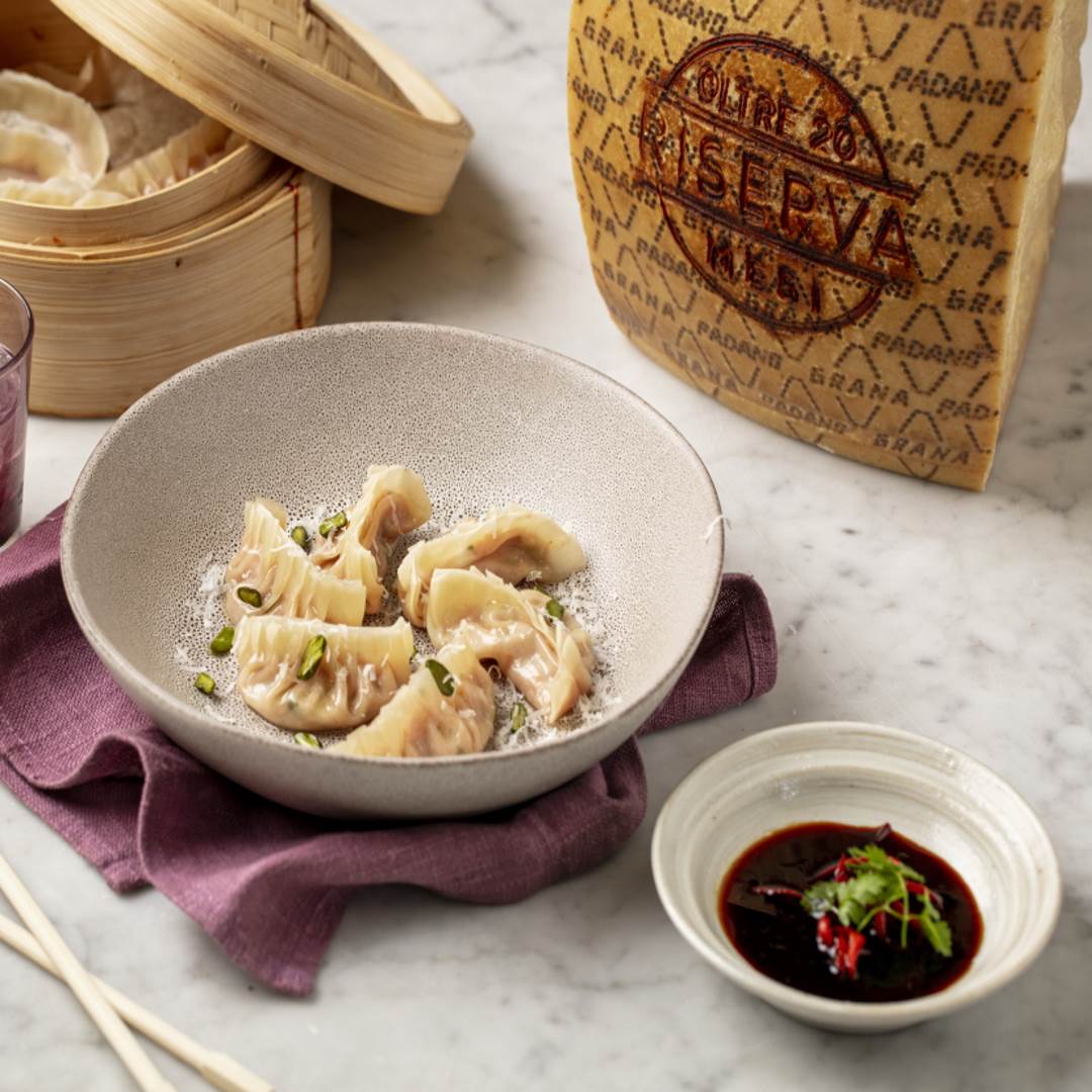 Ravioli Dim Sum with Mortadella, Pistachio and Grana Padano Riserva