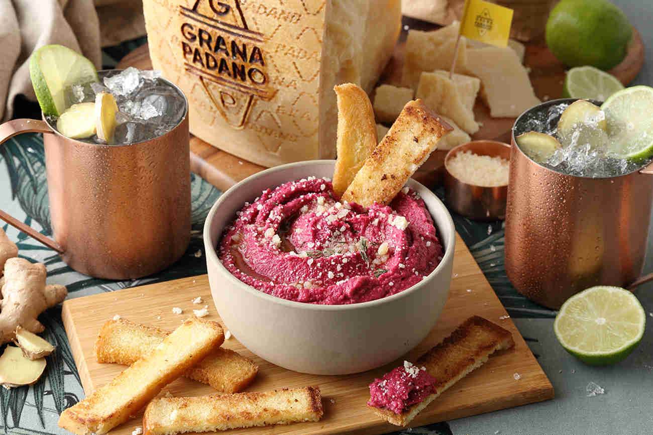 Chick pea, beet and Grana Padano hummus, crusty bread, served with Moscow Mule