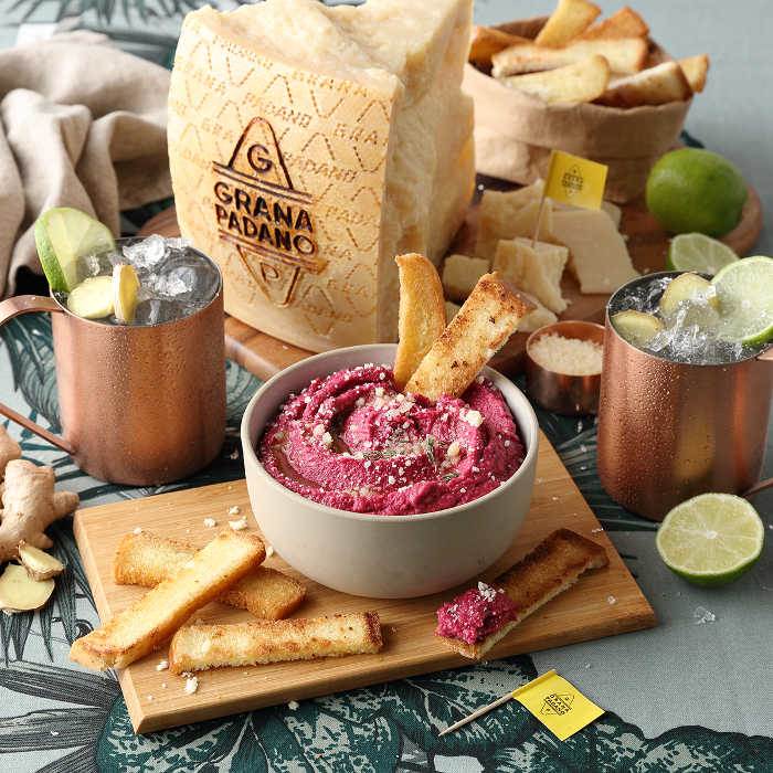 Chick pea, beet and Grana Padano hummus, crusty bread, served with Moscow Mule
