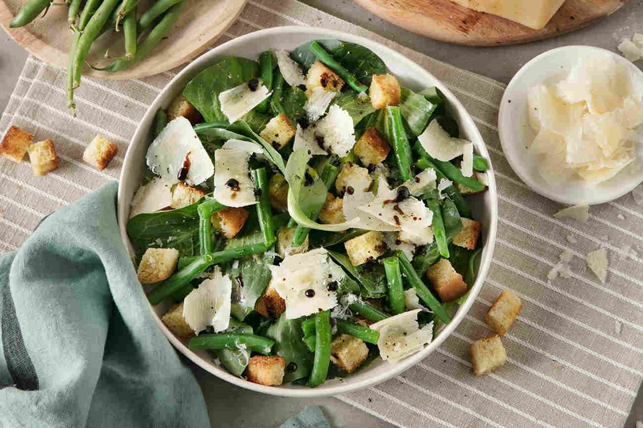 Spring Salad with Green Beans, Chicory, Croutons and Grana Padano