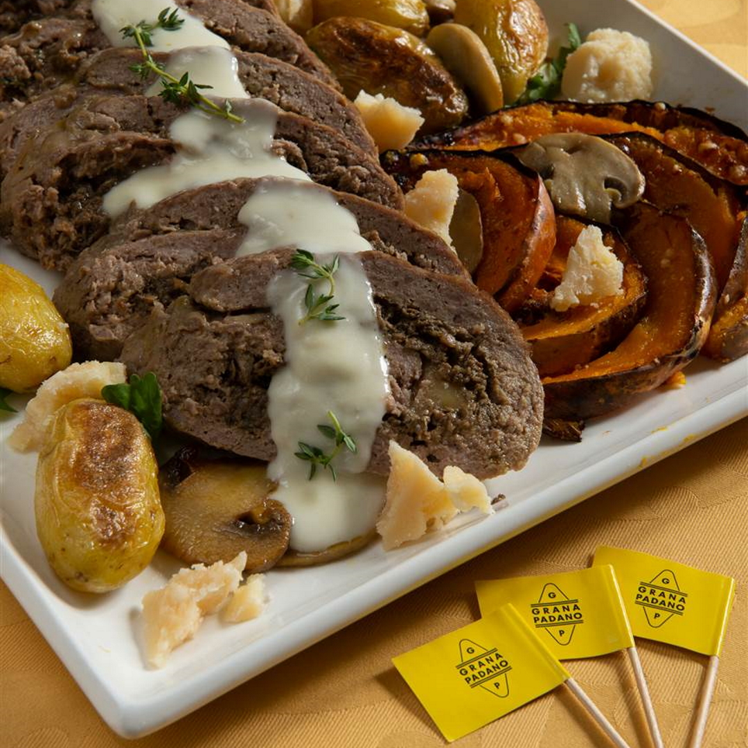 Rolled Meatloaf stuffed with mushrooms and Grana Padano cheese