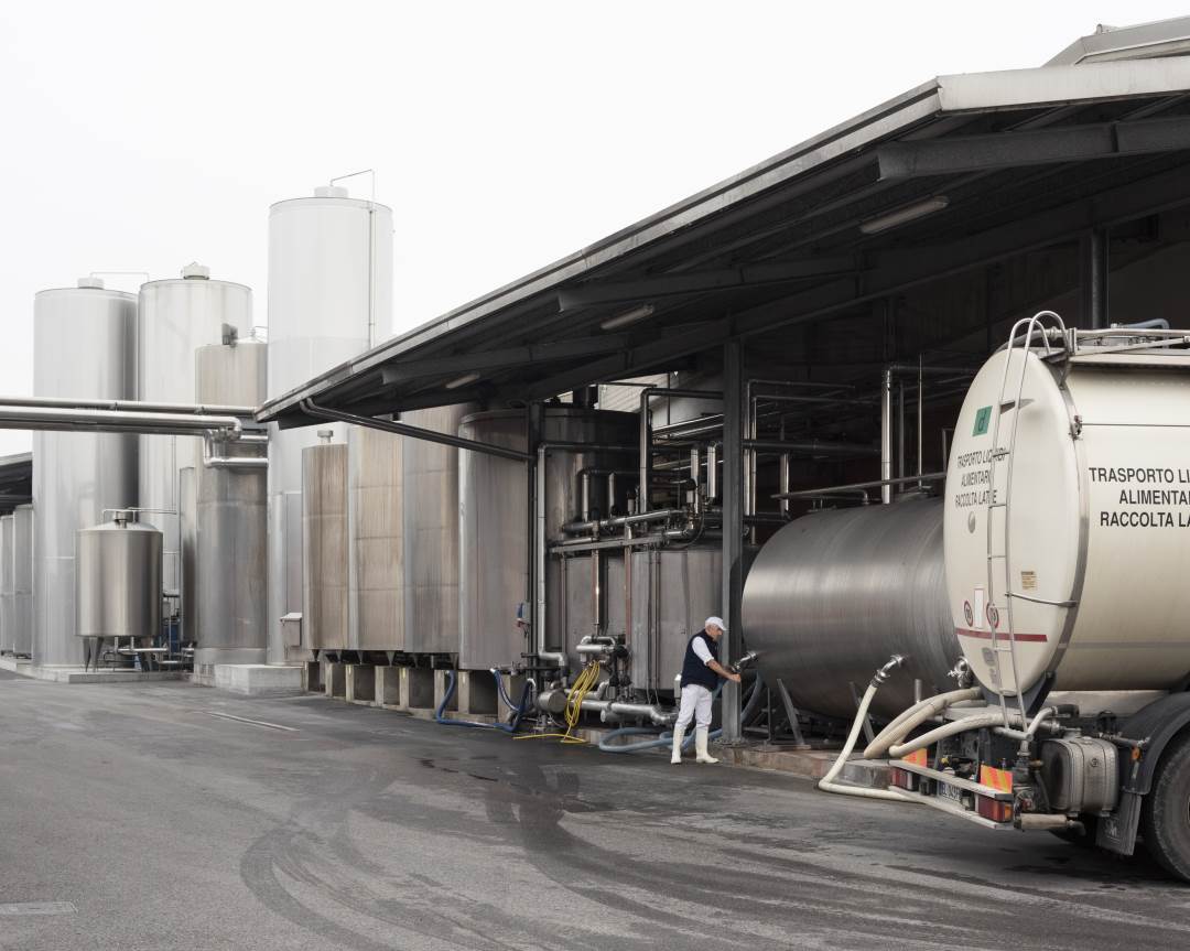 I silos per lo stoccaggio del latte e l’arrivo di un camion cisterna &lt;br&gt;che trasporta il latte dei soci.
