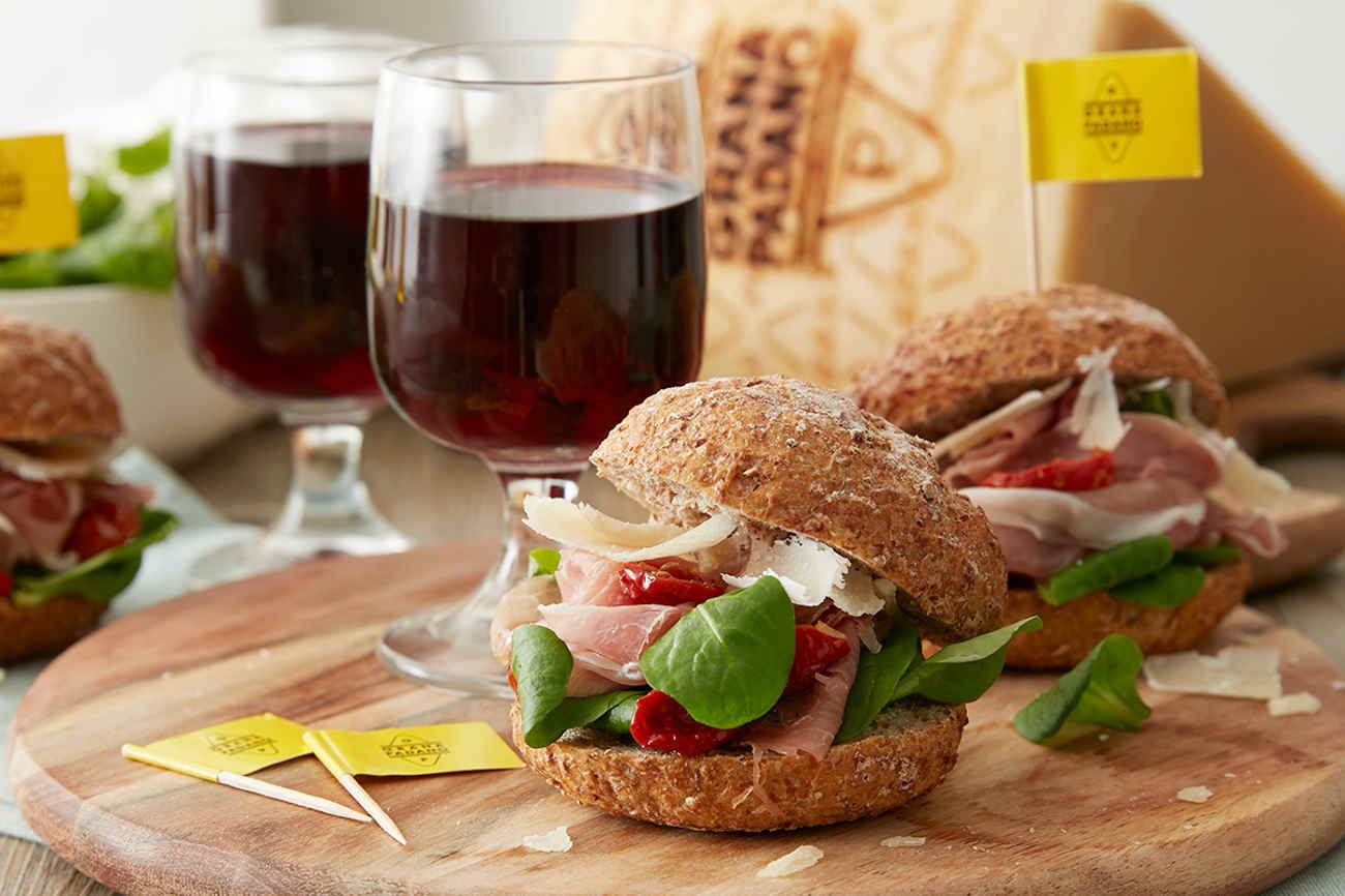 Lambrusco with Whole Grain Sandwiches with Shavings of Grana Padano