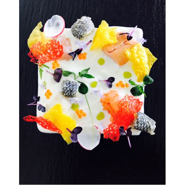 Crema di Grana Padano, pesce crudo e cotto, corallo di Campari, chips di riso e zafferano 