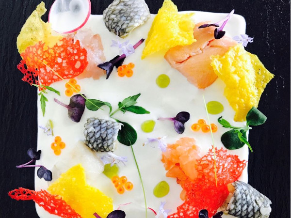 Crema di Grana Padano, pesce crudo e cotto, corallo di Campari, chips di riso e zafferano