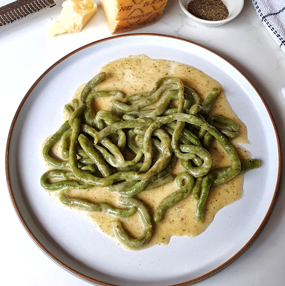 Wild garlic & Grana Padano cacio e pepe pici