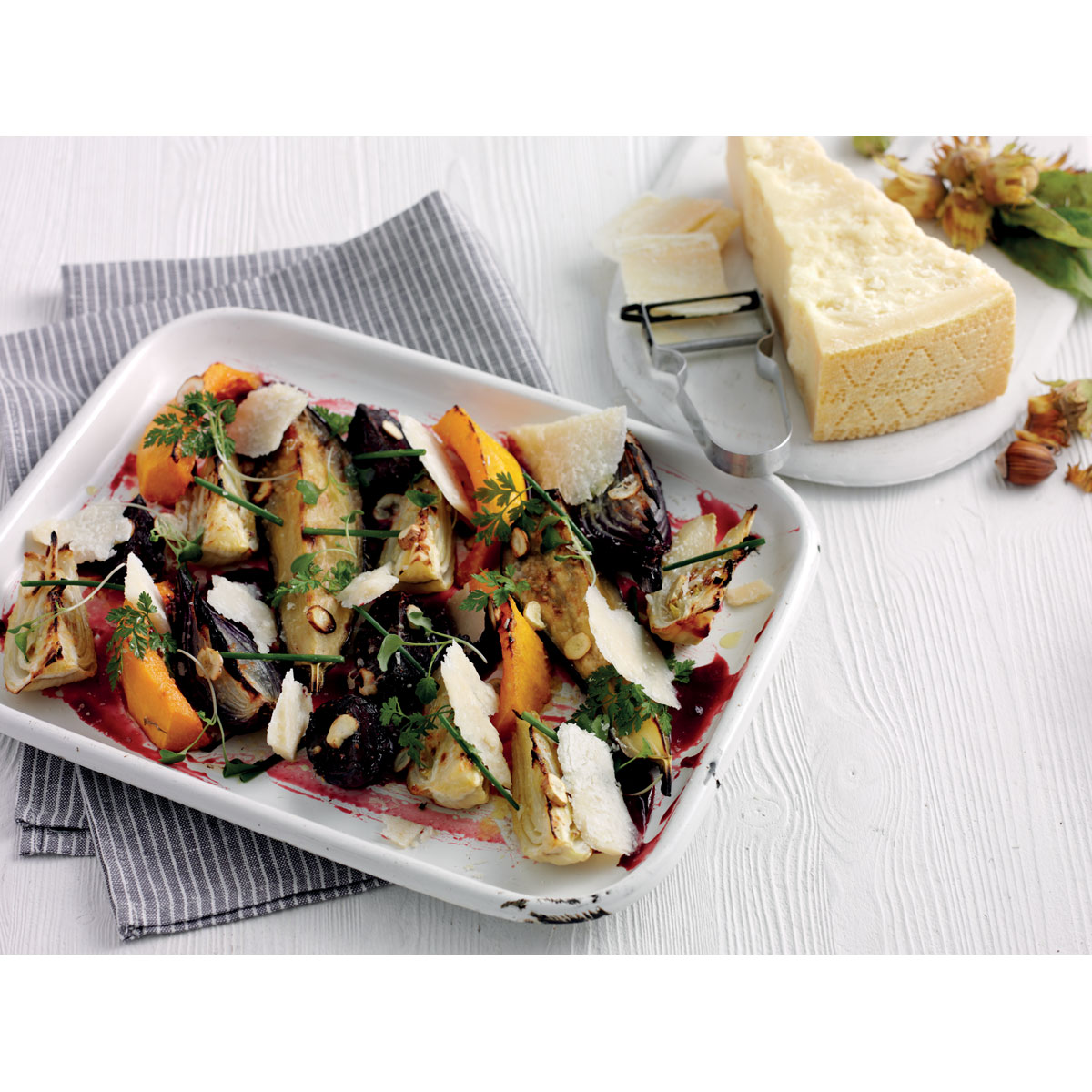 Oven roasted vegetables with fresh hazelnuts or cobnuts, Grana Padano shavings “Agrodolce”