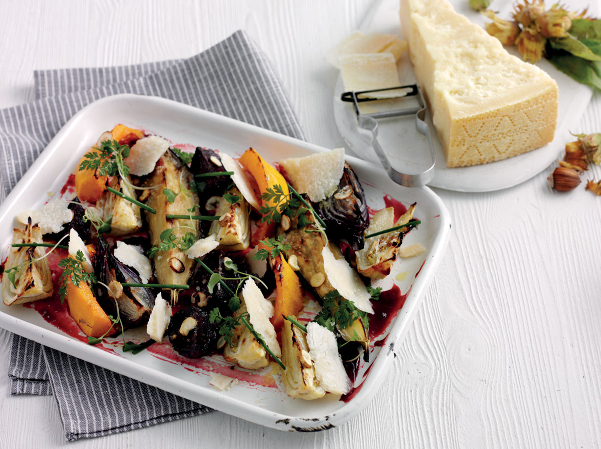 Oven roasted vegetables with fresh hazelnuts or cobnuts, Grana Padano