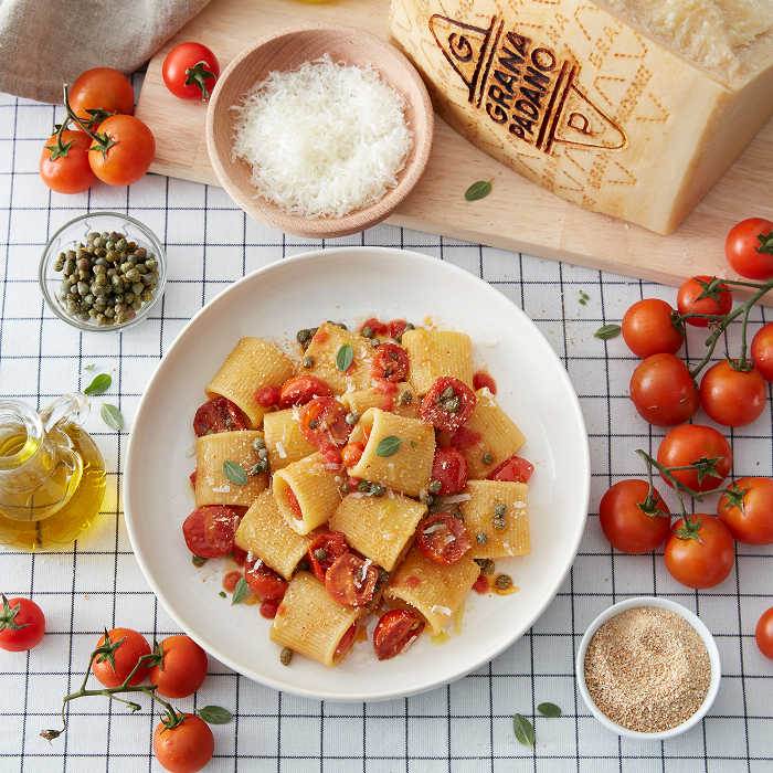 Paccheri con pomodorini saltati e Grana Padano