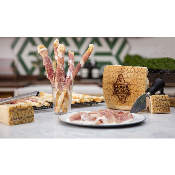 Grana Padano cheese pastry straws, wrapped in Prosciutto di San Daniele  
