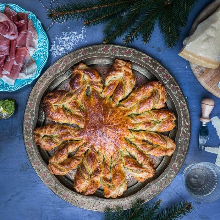 Puff pastry snowflake tart with walnut pesto