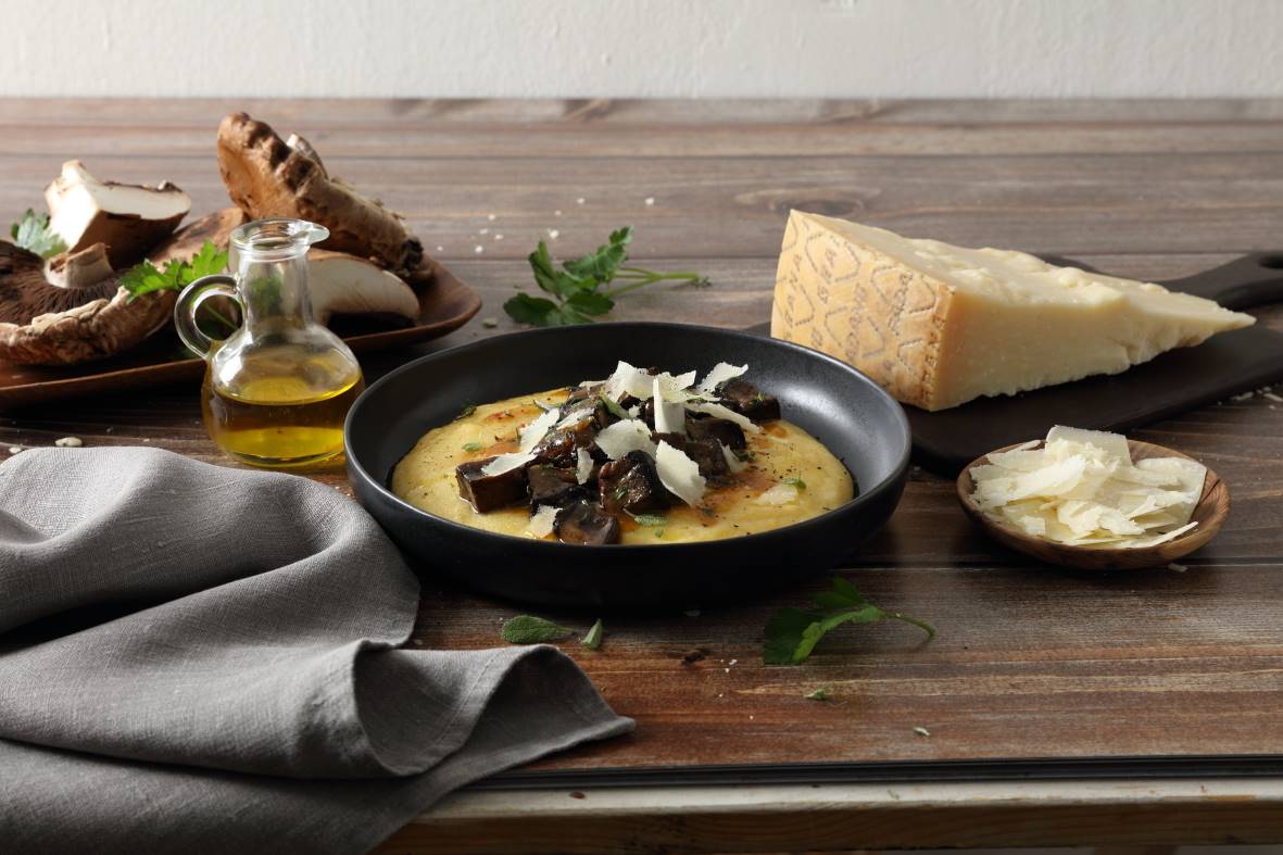 Soft polenta with mushroom stew and Grana Padano shavings