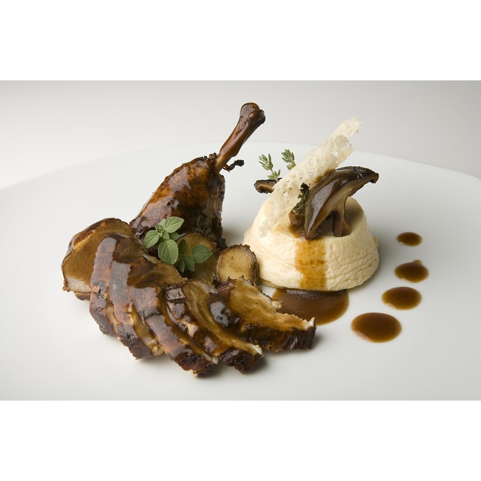 Stewed chicken with oyster sauce and a Grana Padano mould 