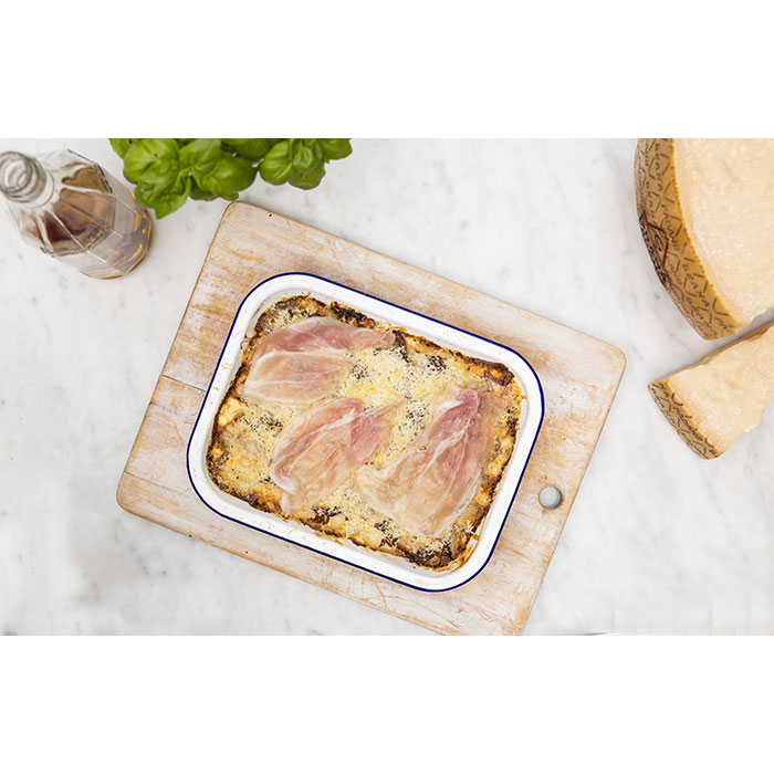 Grana Padano, confit onion & potato gratin with Prosciutto di San Daniele