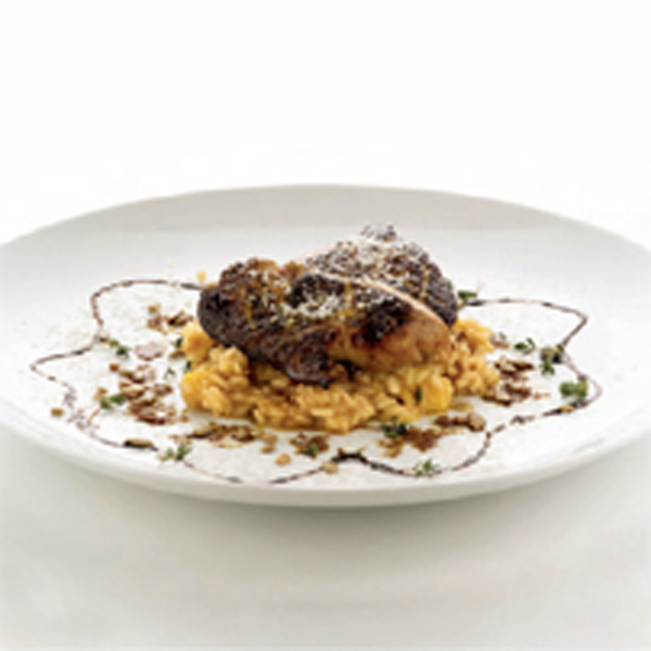 Pumpkin and Grana Padano risotto with foie gras and fresh thyme