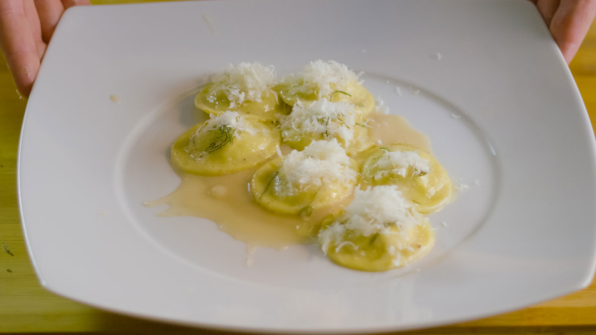 Rabbit ravioli in beer and Grana Padano bean sauce