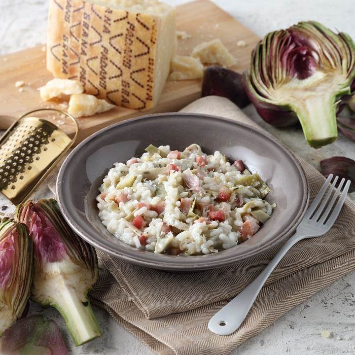 Risotto con alcachofas, Grana Padano y panceta