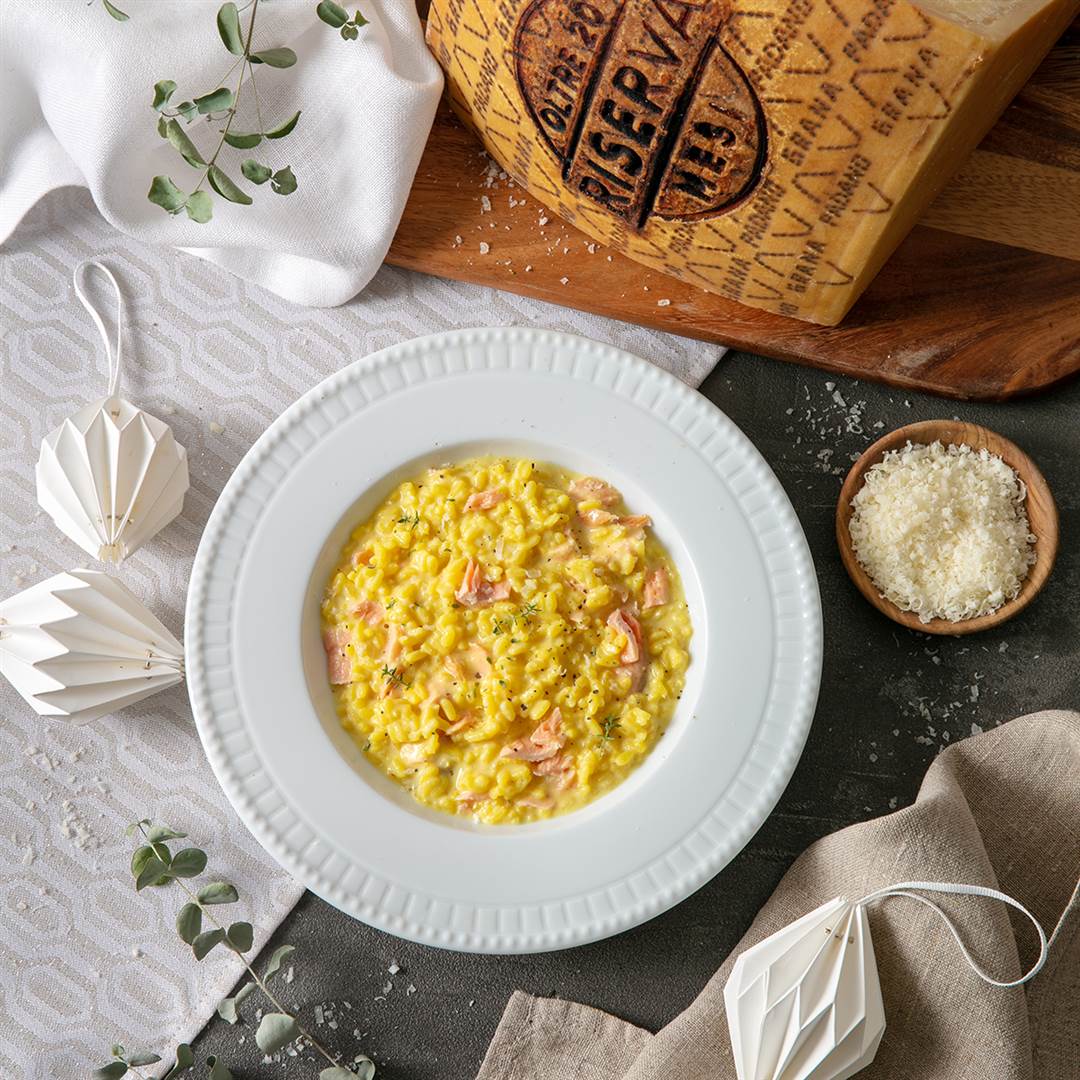 Lachs-Risotto mit Lauch, Zitronenthymian und Grana Padano Riserva