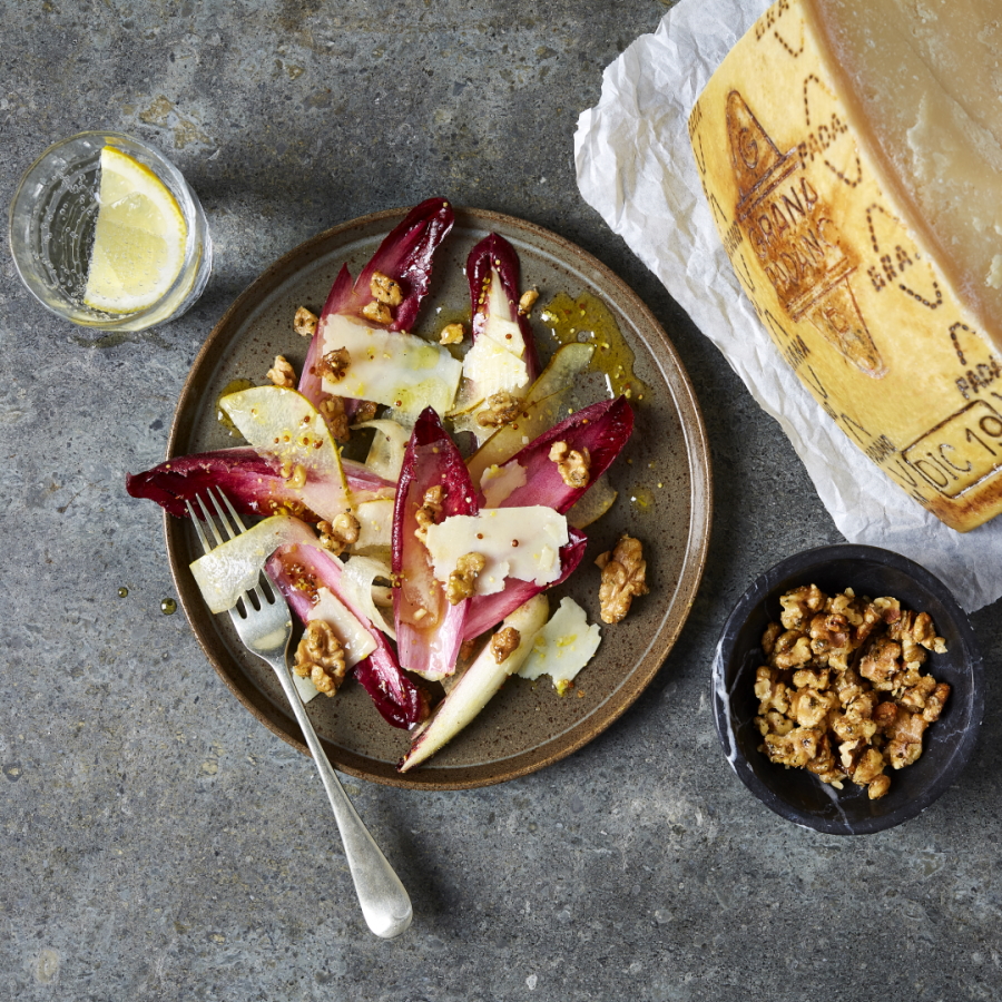 Grana Padano, pear, chicory and caramelised walnut salad