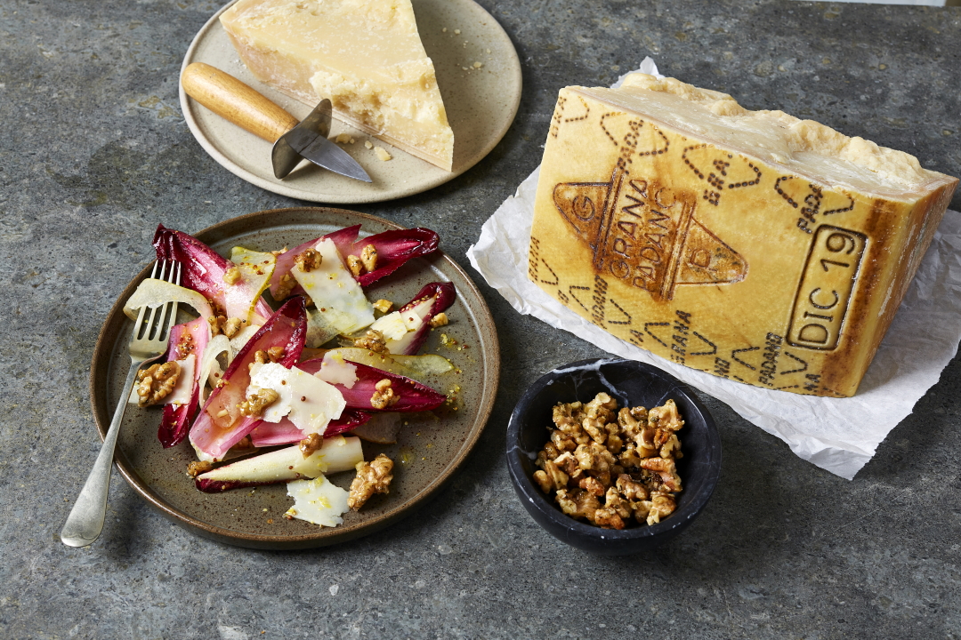 Grana Padano, pear, chicory and caramelised walnut salad