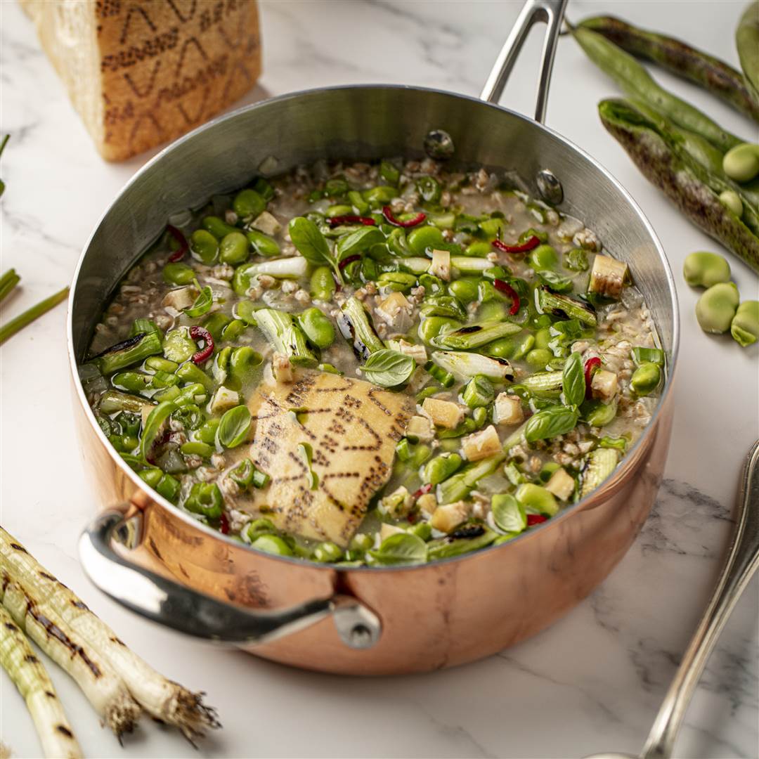 Grana Padano, Dinkel- und Saubohnensuppe