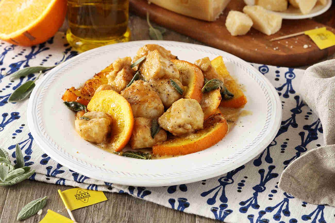 Orange juice chicken casserole with sage and Grana Padano 