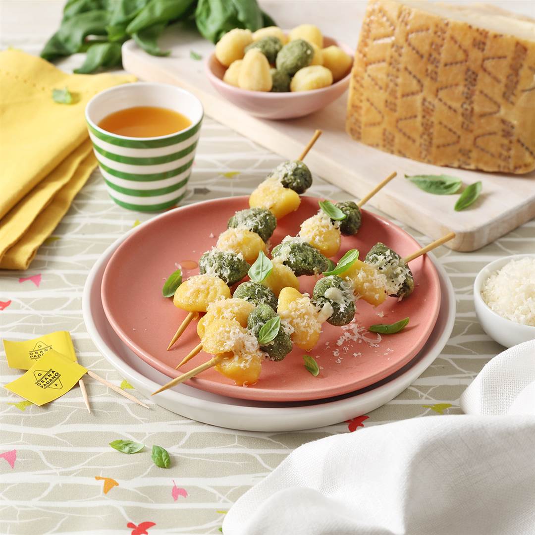 Vegetable gnocchi skewers with Grana Padano, Entrees, recipes with